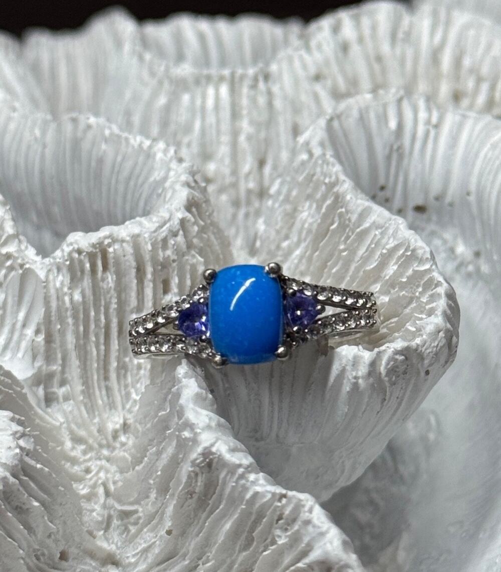 925 Sterling Silver Blue Agate, Tanzanite & Beryl Ring Size 7.5